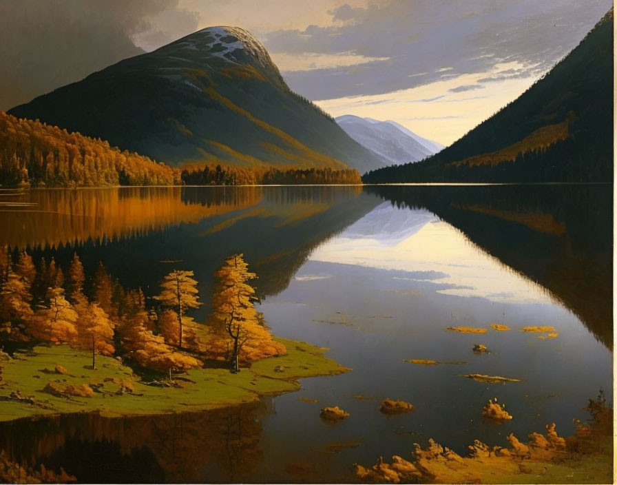 Tranquil landscape: mountain, lake, autumn trees in warm light