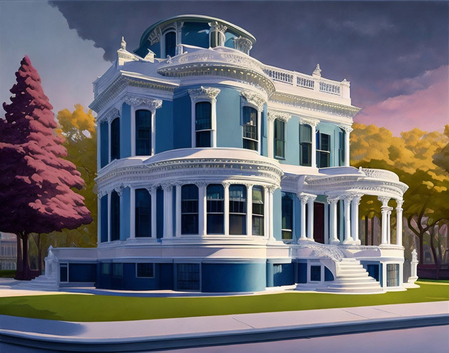 Blue Victorian-style house with white trim in a digital illustration.