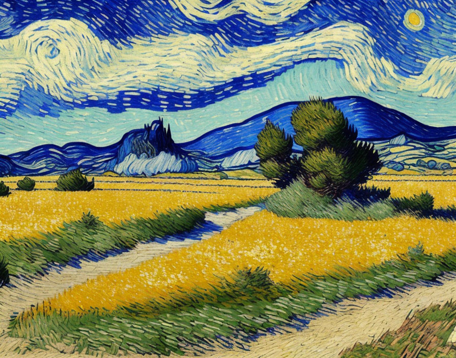 Swirling Blue Sky Over Vibrant Yellow Wheat Field and Green Trees