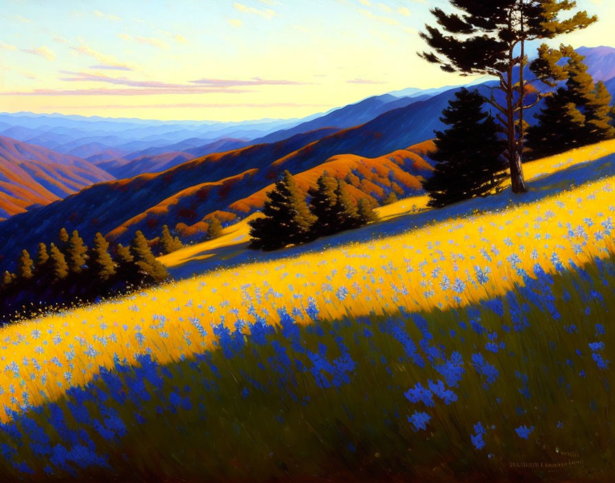 Scenic landscape painting: hillside with yellow and blue flowers, mountain ridges at sunset