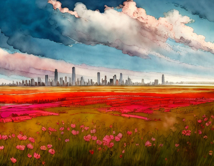 Watercolor painting of red flowers field with city skyline and dynamic sky