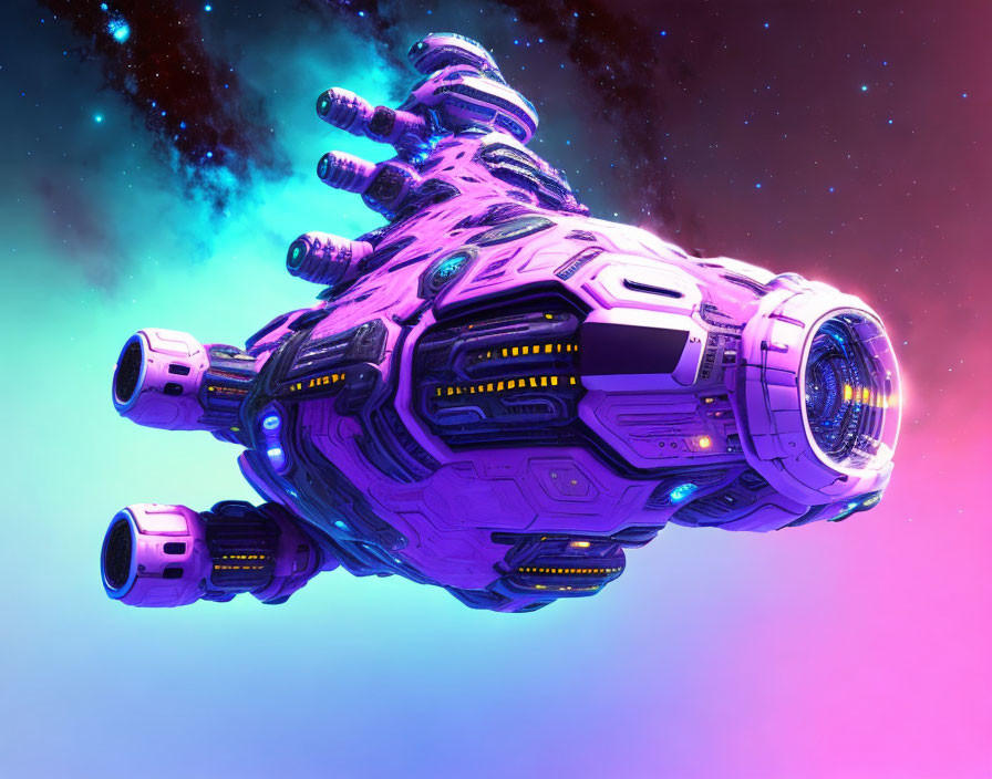 Futuristic purple and silver spaceship in neon space.