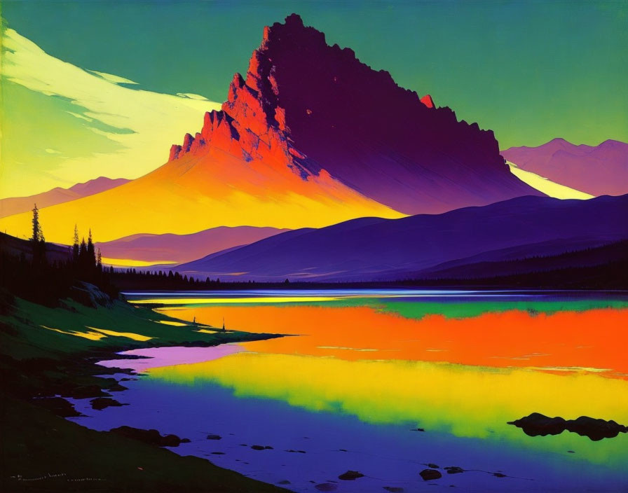 Colorful Mountain Sunset Over Serene Lake