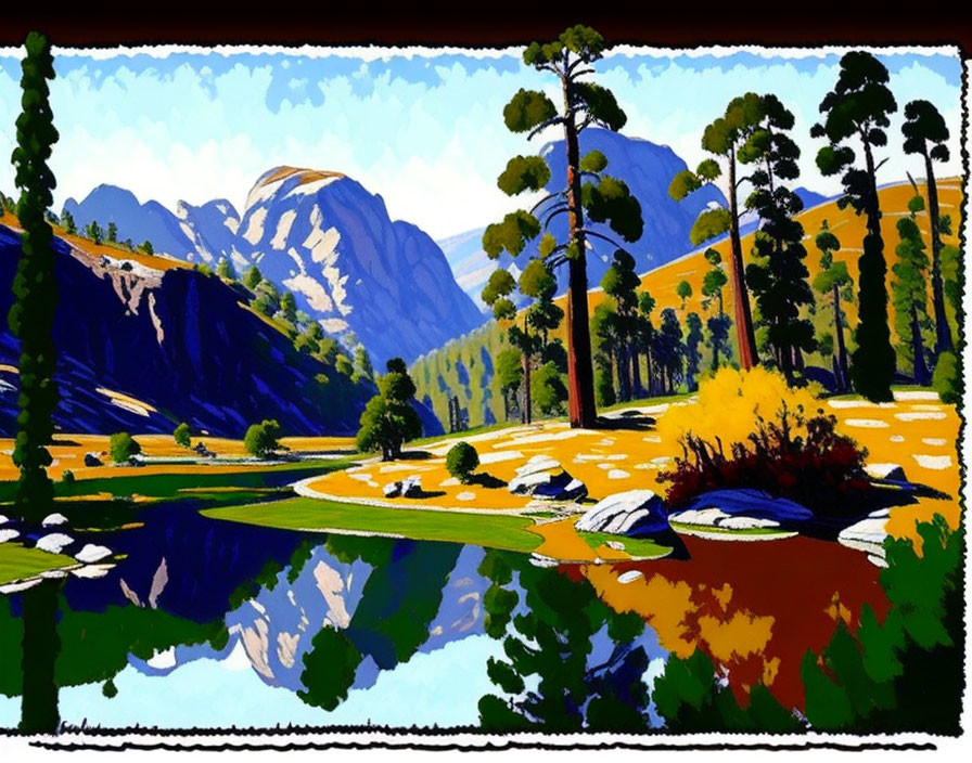 Colorful landscape painting with pine trees, mountains, lake, and reflections.