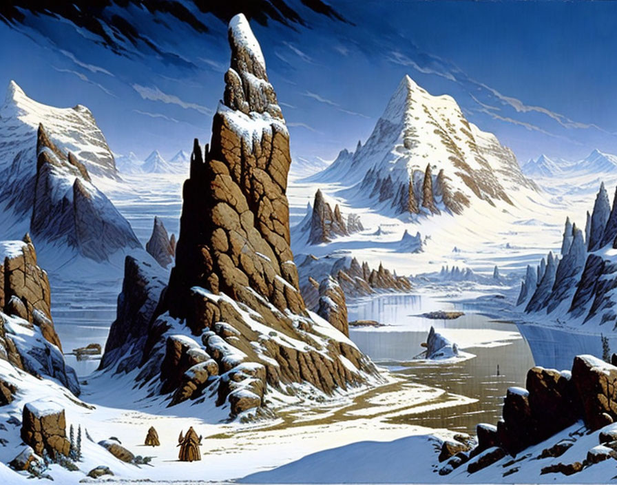 Snowy valley with two figures and mountains under blue sky