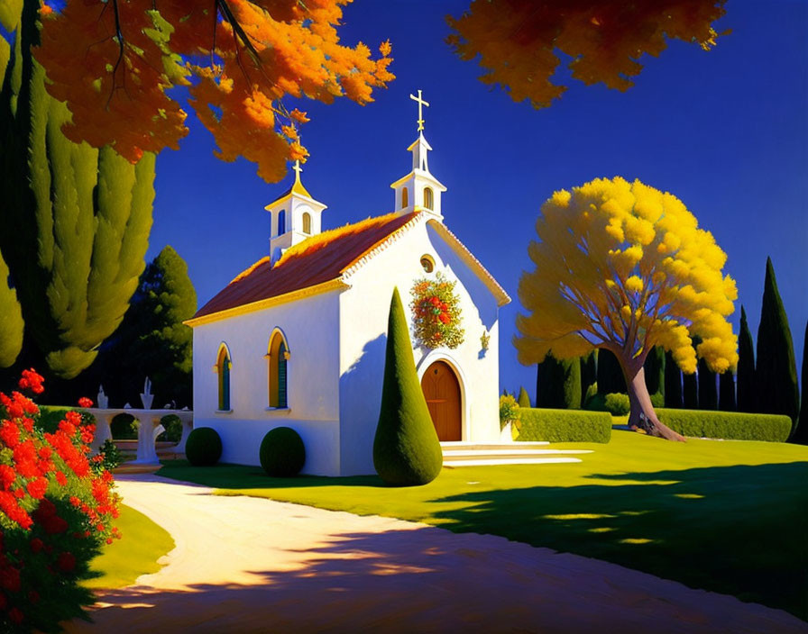 White Chapel with Red Roof Surrounded by Vibrant Foliage