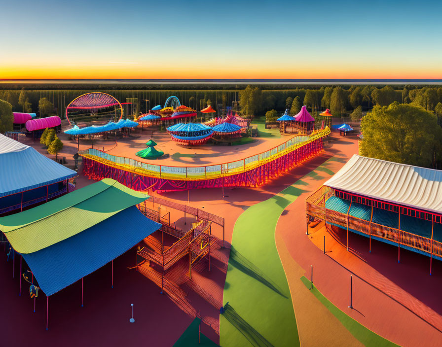 Colorful amusement park at sunset with vibrant rides, slides, and pavilions.