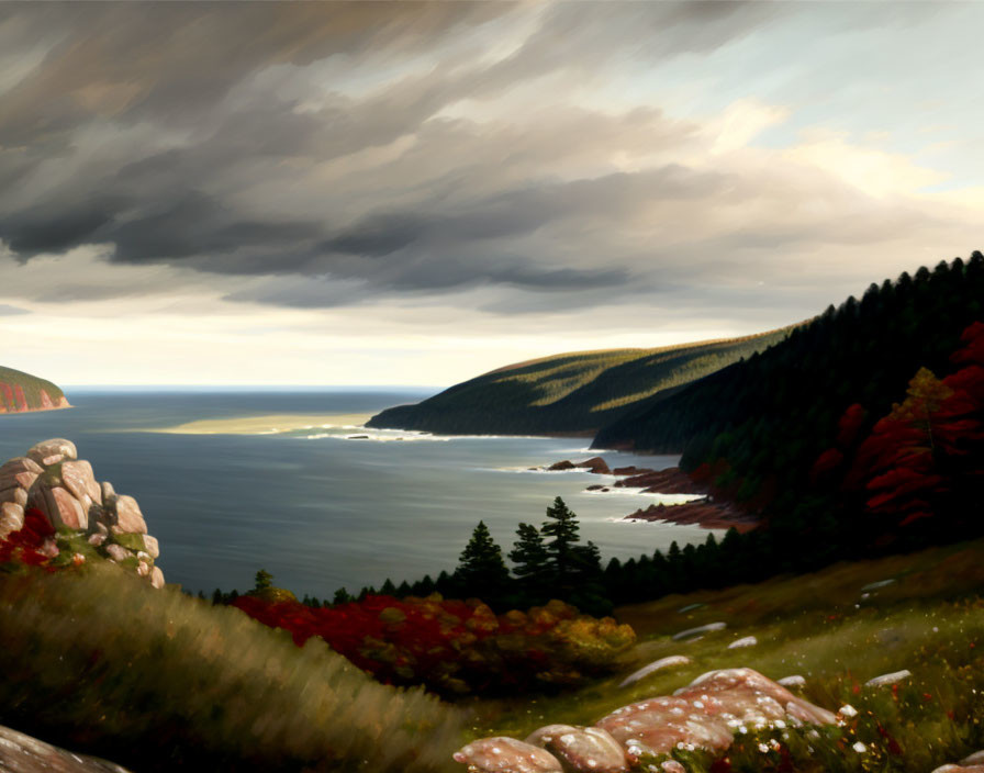 Tranquil coastal landscape with rolling hills, autumn trees, calm sea, and dramatic cloudy sky