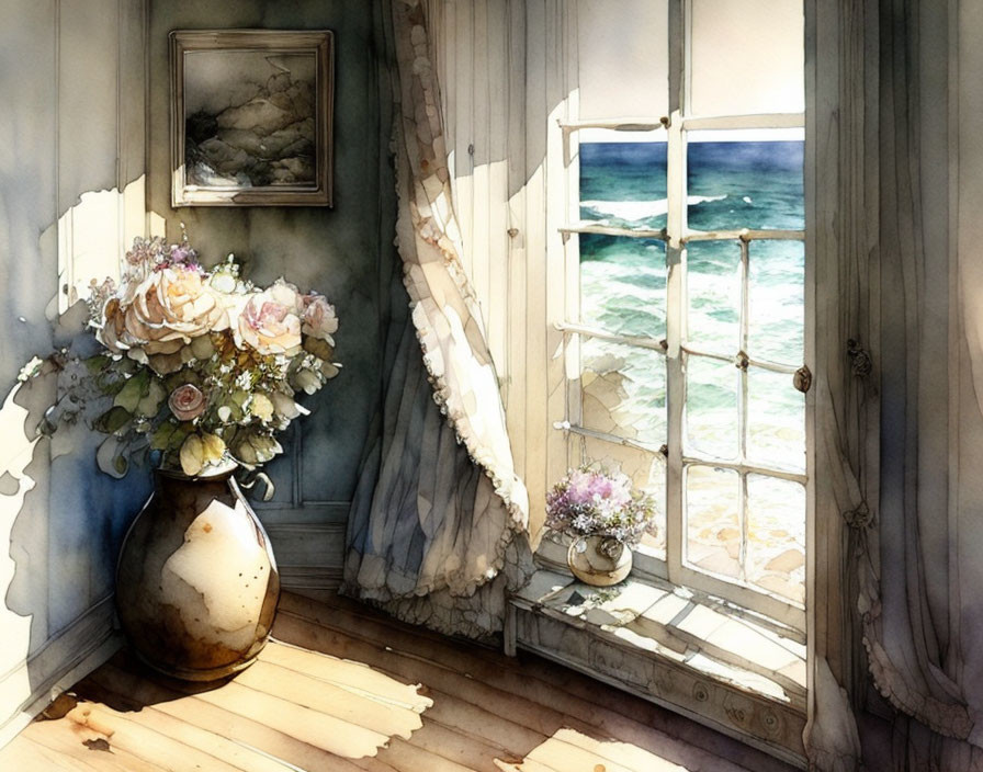 Tranquil watercolor: Open window, sheer curtains, vase, sea view