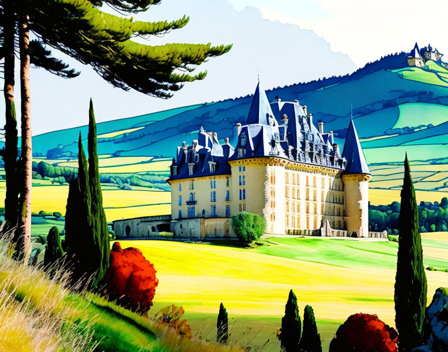 Illustration of grand chateau in vibrant countryside