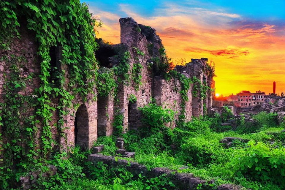 Overgrown ancient ruins at sunset with vibrant sky