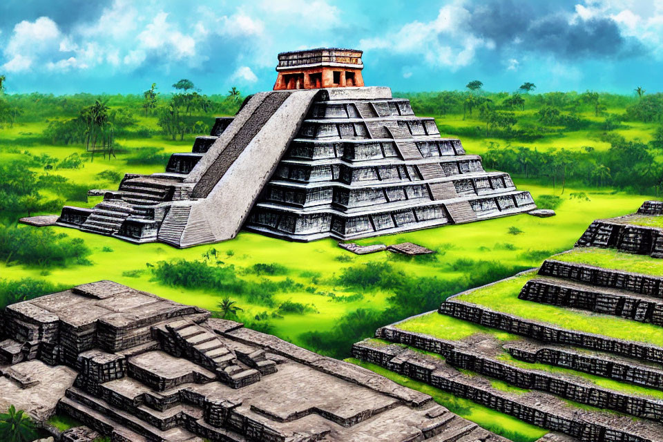 Ancient Mesoamerican Step Pyramid in Lush Green Landscape