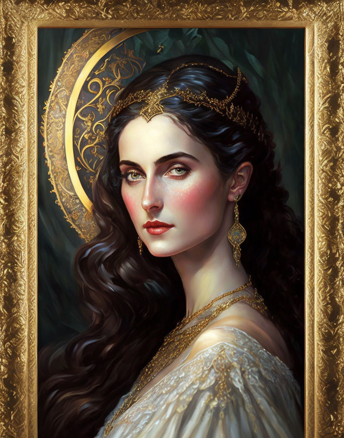 Regal woman portrait with golden crown and dark background