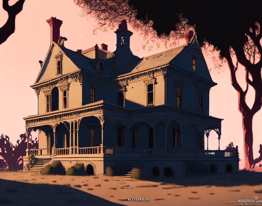 Victorian-style house illustration at twilight with eerie silhouettes.