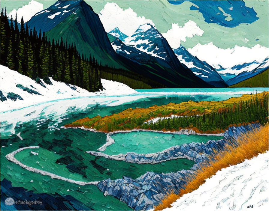 Colorful Mountain Landscape with River, Trees, and Snow Patches