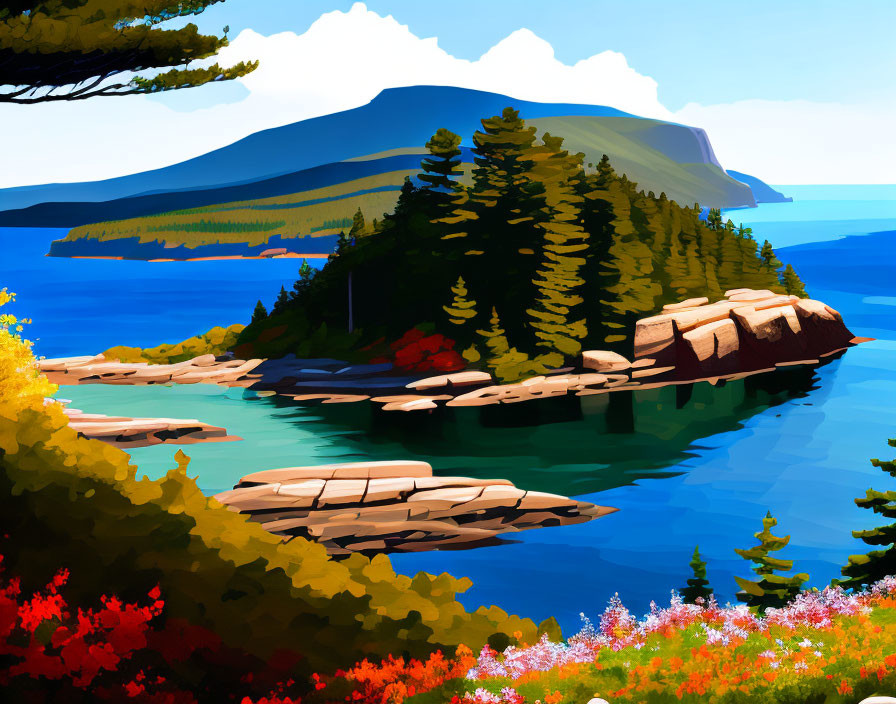 Scenic coastal landscape with evergreen trees, blue water, rocky shores, and a mountain