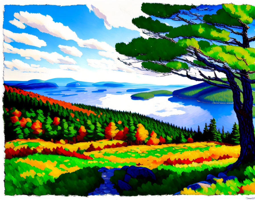 Colorful Landscape Painting with Green Tree, Fall Foliage, Lake, and Hills