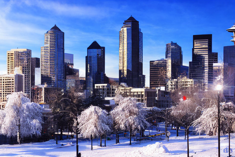 Snow-covered winter cityscape with modern skyscrapers and trees.