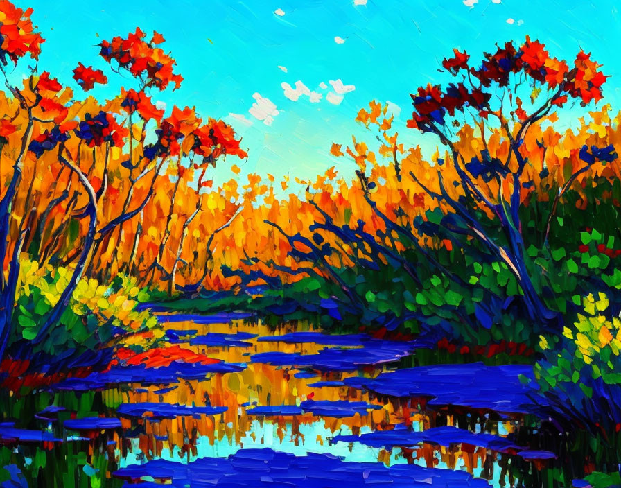 Colorful Autumnal Forest Painting with Blue Stream