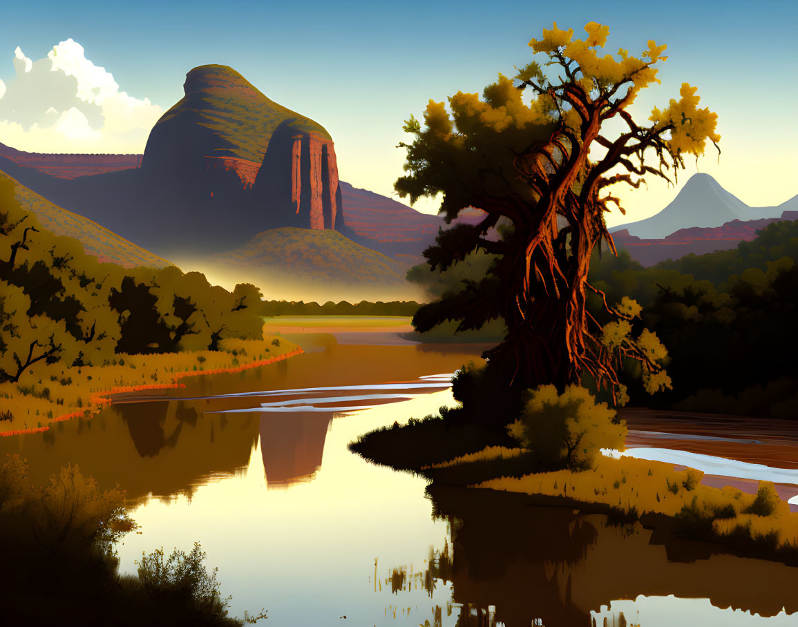 Tranquil landscape with reflective river, imposing tree, red mountains, and blue sky at dusk