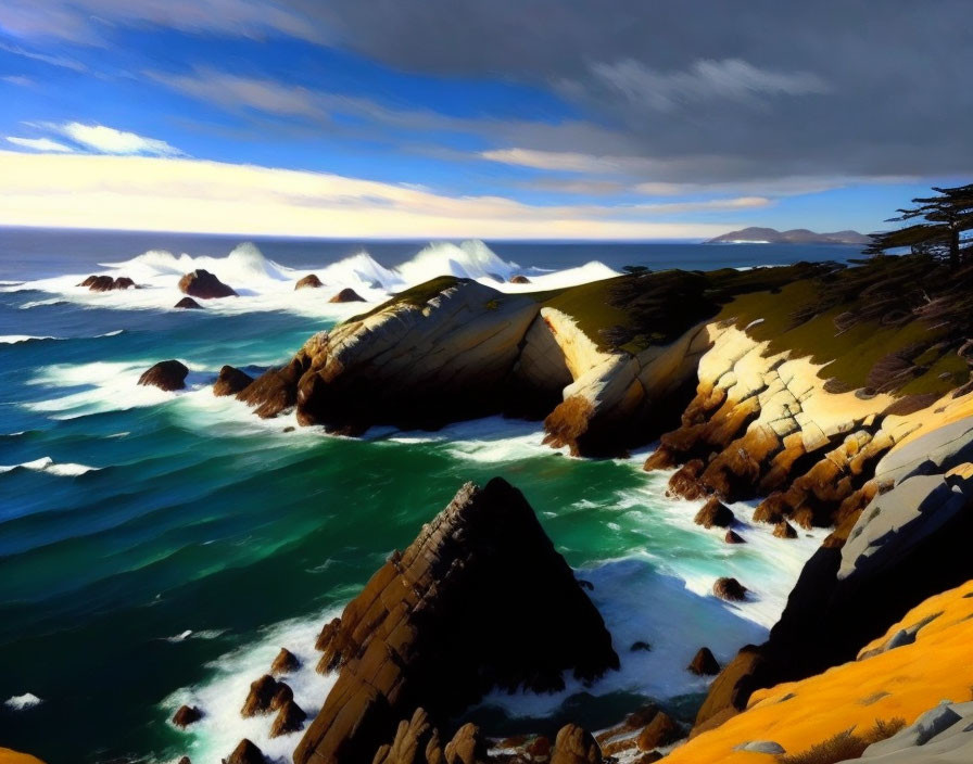 Vivid Coastal Landscape with Crashing Waves and Rugged Cliffs