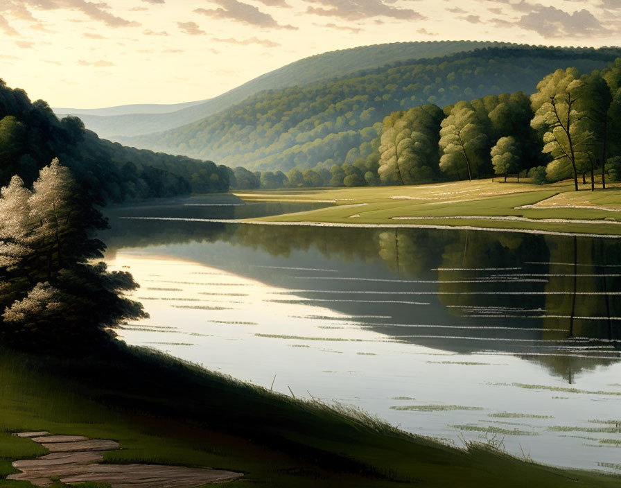 Tranquil river landscape with green hills and trees reflected in water