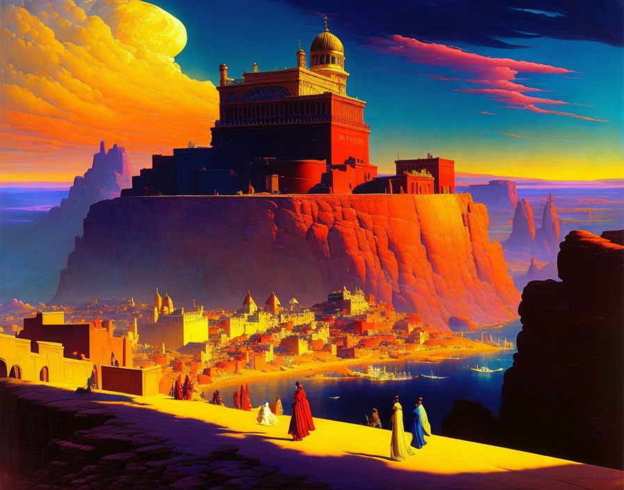 Detailed artwork: Cliff-top palace, sunset sky, large moon, city with period attire inhabitants