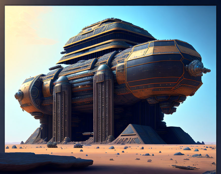 Giant futuristic spaceship with building-like structure lands in desert