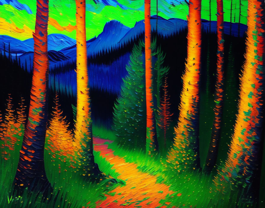 Colorful forest painting with illuminated trees against twilight sky