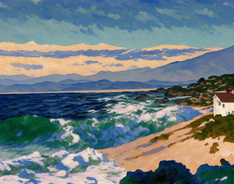 Coastal painting: rough sea waves, clear sky, lone white house