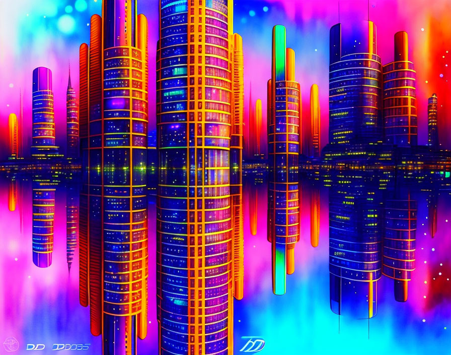 Neon-lit futuristic cityscape with skyscrapers in pink and blue sky