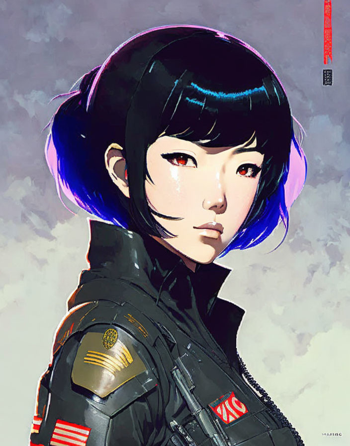 Futuristic military-style woman with blue hair and Asian characters.