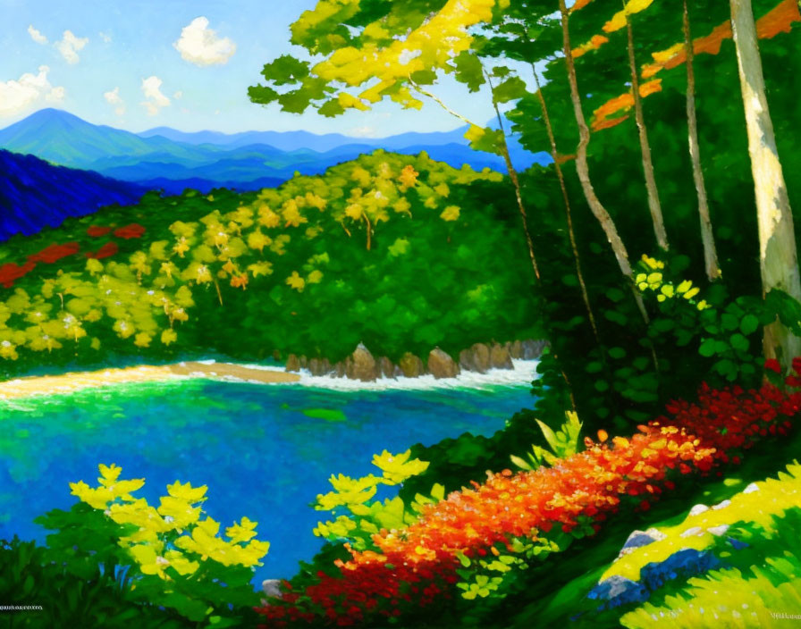 Colorful Forest Painting with Flowers, Lake, and Mountains