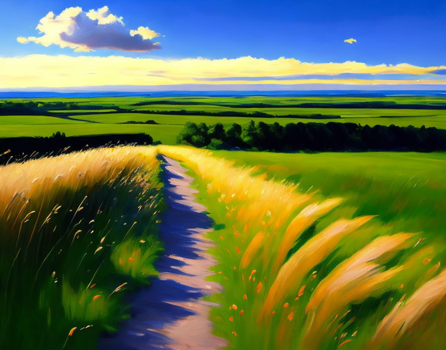 Country Path Painting: Golden Fields, Blue Sky, Fluffy Clouds