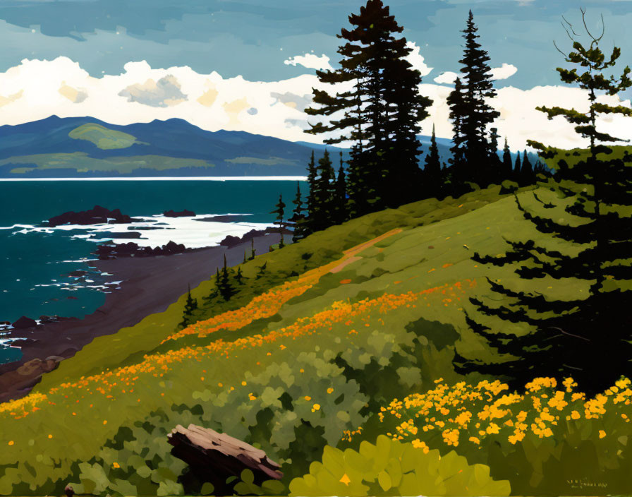 Colorful Coastal Landscape with Greenery, Wildflowers, Sea, Mountains, and Sky