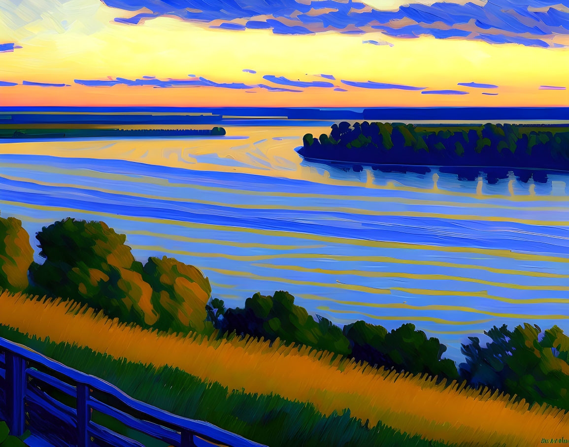 Colorful sunset river landscape with blue water, yellow-green shoreline, vibrant sky, and dark railing.