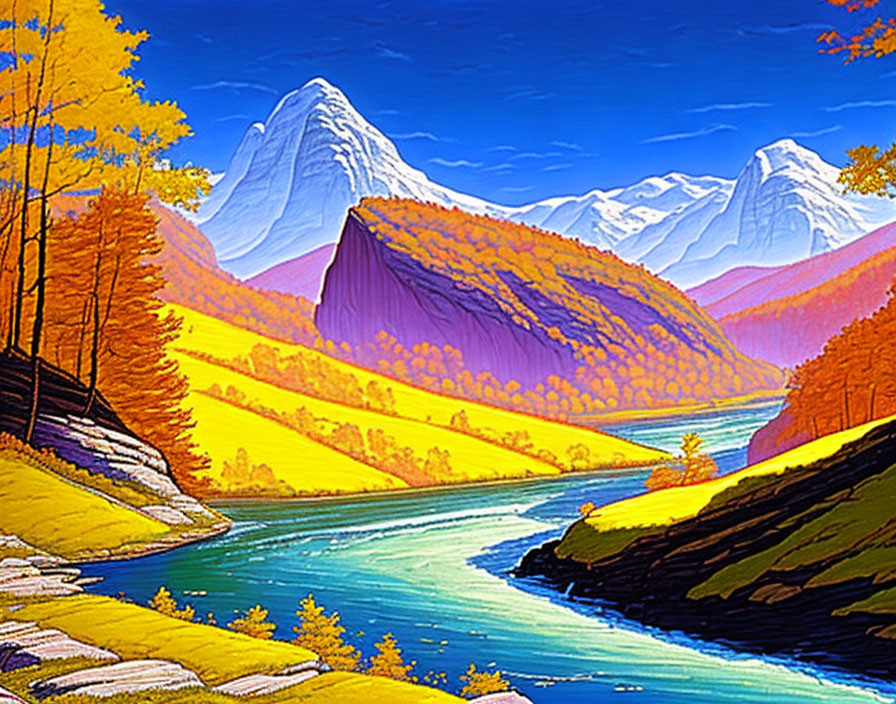 Colorful Mountain Landscape with Autumn Forest and River