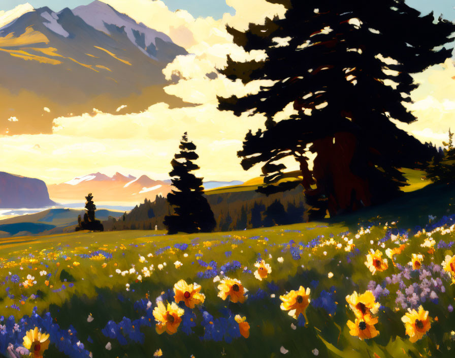 Colorful Sunlit Meadow with Trees and Mountains