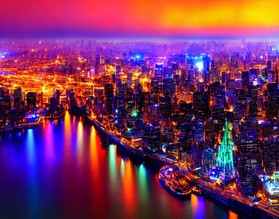 Colorful neon cityscape reflected in river under fiery sunset sky