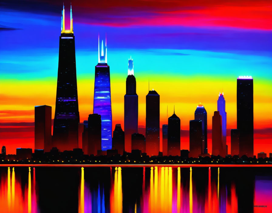 Colorful Sunset Sky Silhouettes City Skyline Reflections