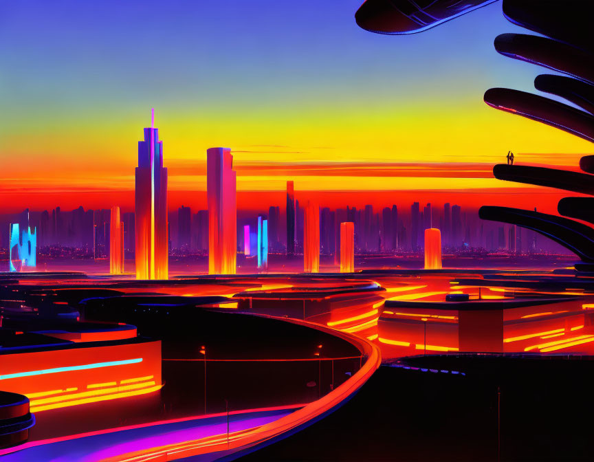 Futuristic cityscape with neon-lit buildings at sunset