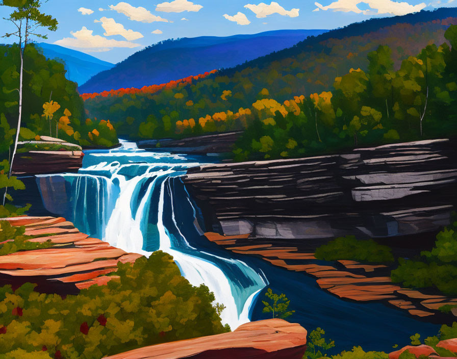 Scenic waterfall painting with autumn trees and rolling hills