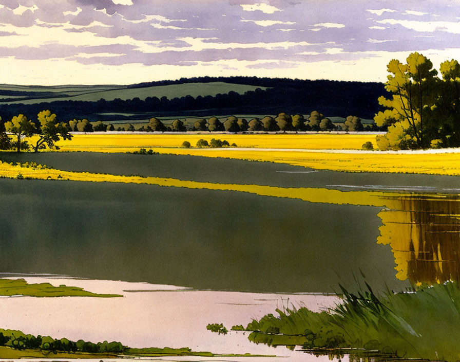 Vivid Landscape Painting: Serene Lake, Lush Trees, Yellow Field