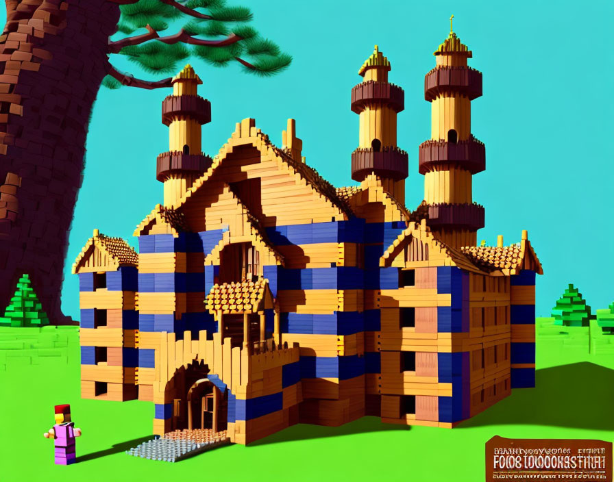 Vibrant block-style medieval house with blue and yellow walls and towers