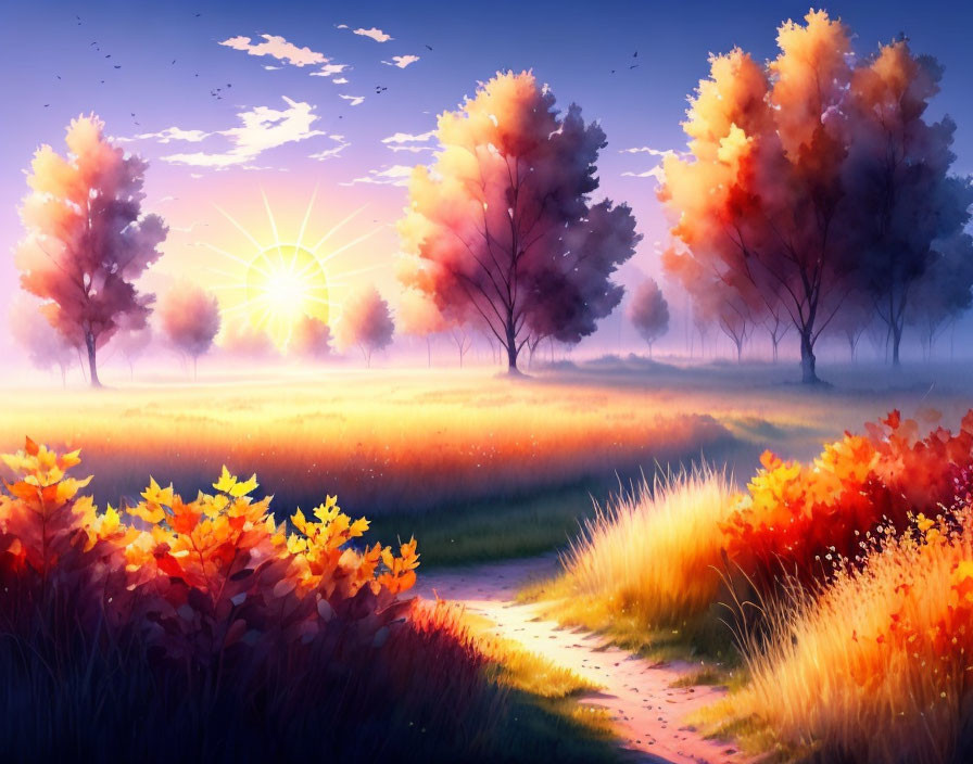 Colorful Autumn Landscape with Sunrise, Trees, and Meadow Path