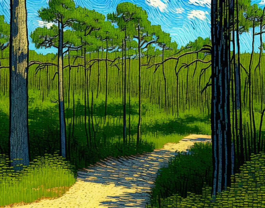 Colorful Forest Path Painting with Pine Trees and Blue Sky