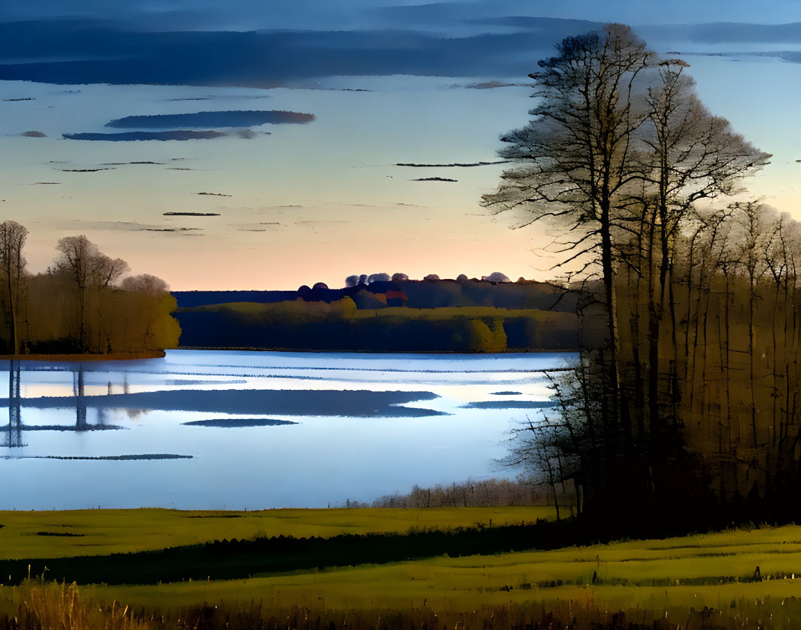 Tranquil dusk landscape with reflective lake and silhouetted trees