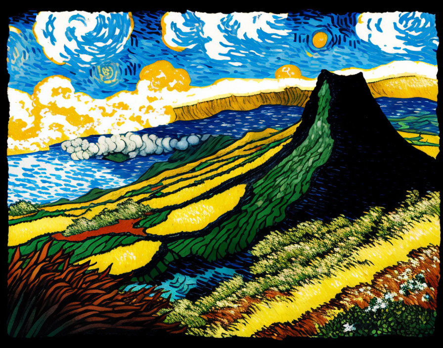 Colorful Van Gogh-style landscape with starry sky, green hill, and distant mountains
