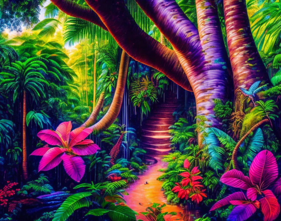 Lush Tropical Forest with Twisted Trees and Bright Foliage