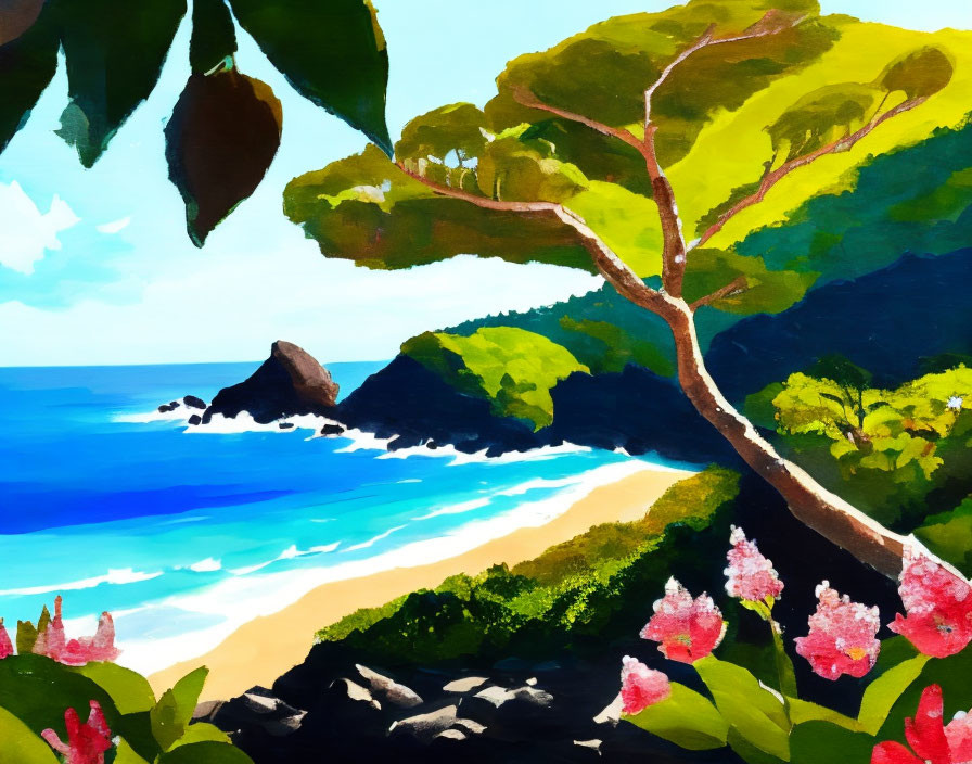 Tropical beach painting with lush greenery and serene ocean